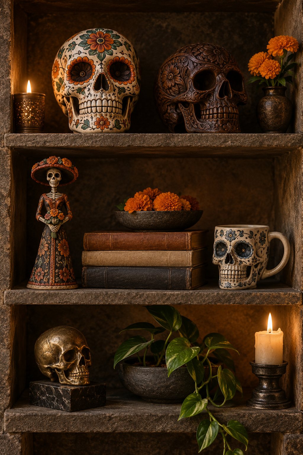 Ilustración de un estante con arte de calaveras de varias partes del mundo: una calavera de azúcar pintada, una calavera de madera tallada, una catrina de barro, una taza con calavera y una calavera de latón
