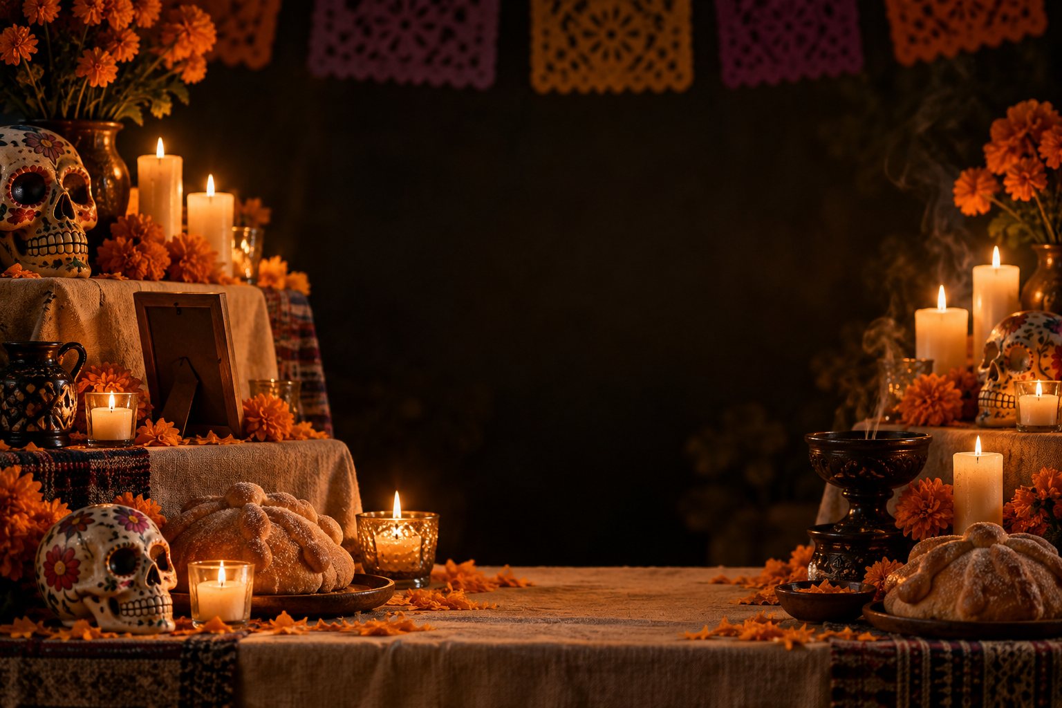 Ilustración de una ofrenda de Día de Muertos en casa, de noche, con cempasúchil, velas, pan de muerto y calaveras de azúcar decoradas bajo papel picado