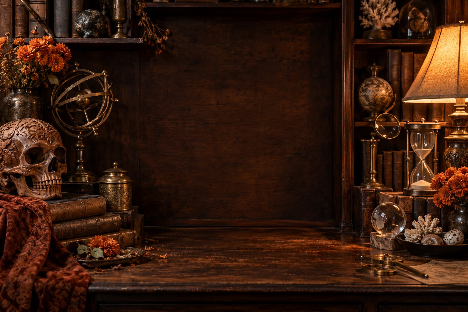 Ilustración de un estudio de coleccionista al atardecer, con una calavera tallada, un reloj de arena, libros antiguos, instrumentos de latón y cempasúchil a la luz de una lámpara