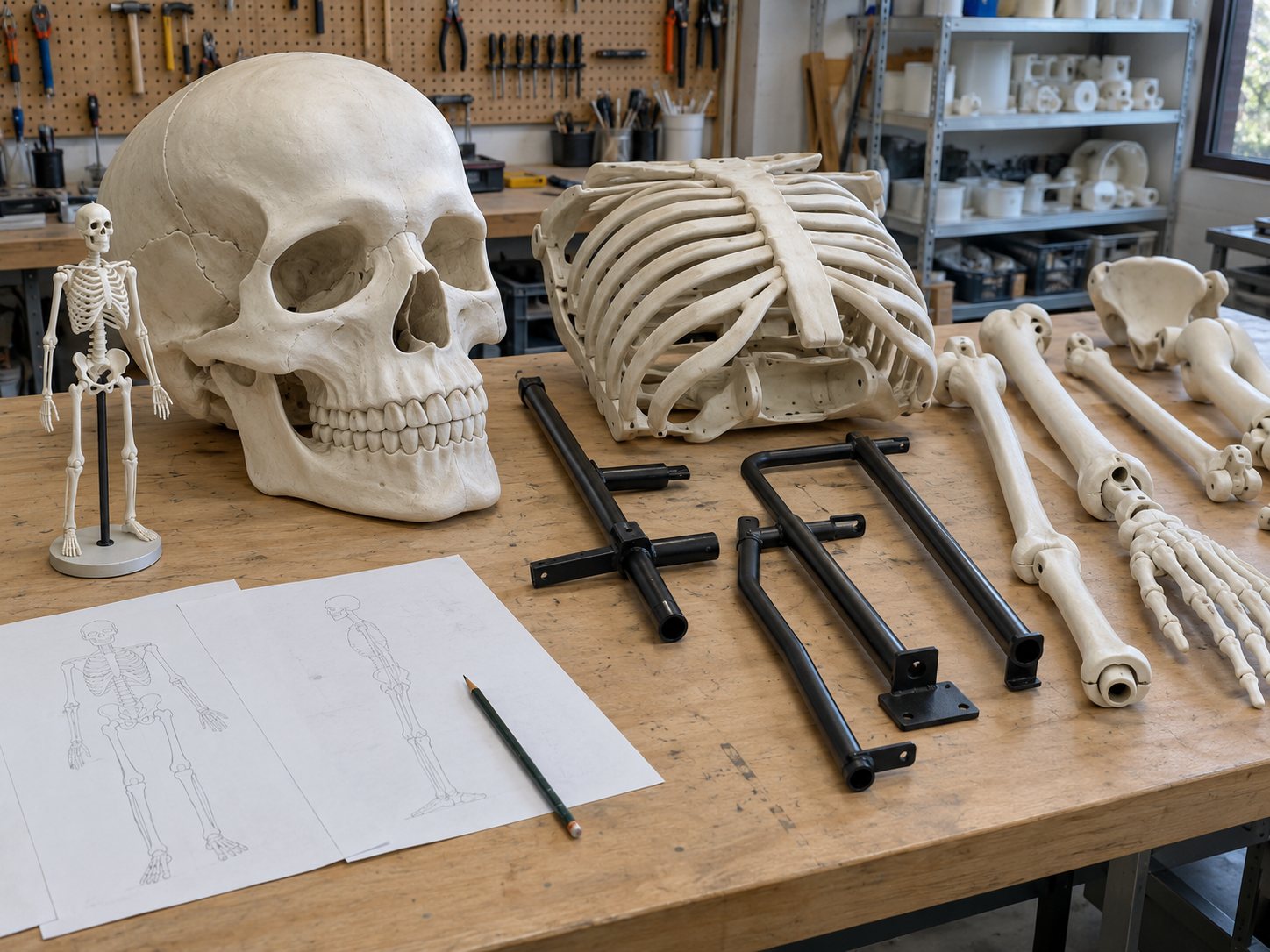 Illustration: Workbench with molded plastic parts of a giant skeleton laid out in order, a large skull shell, rib cage section, arm bones and metal frame tubes beside a small poseable model and pencil sketches