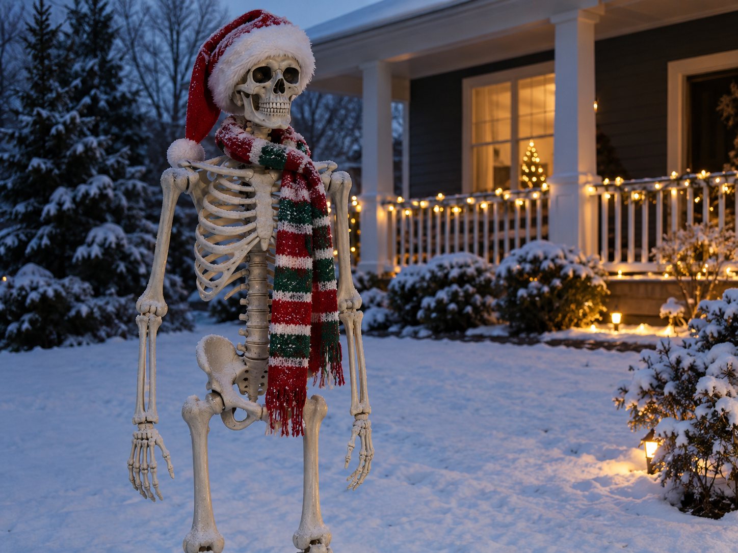 Illustration: Giant yard skeleton wearing a red Santa hat and a long knitted scarf standing in a front yard with light snow and string lights along the porch rail