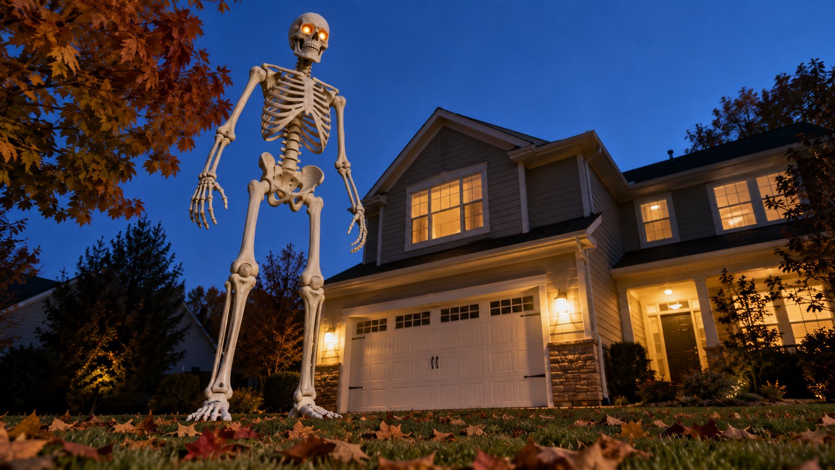 Illustration: Giant twelve foot plastic yard skeleton with softly glowing eyes standing on a front lawn beside a two story house at dusk, taller than the garage door