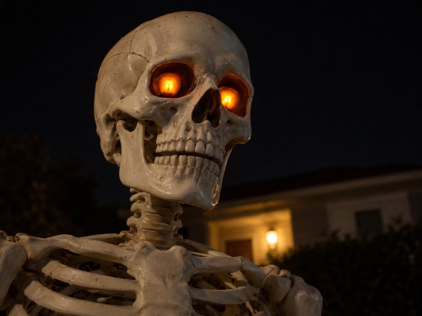 Illustration: Close view of the skull of a giant yard skeleton at night with glowing orange screen like eyes, its jaw and upper ribs against a dark sky with a distant porch light
