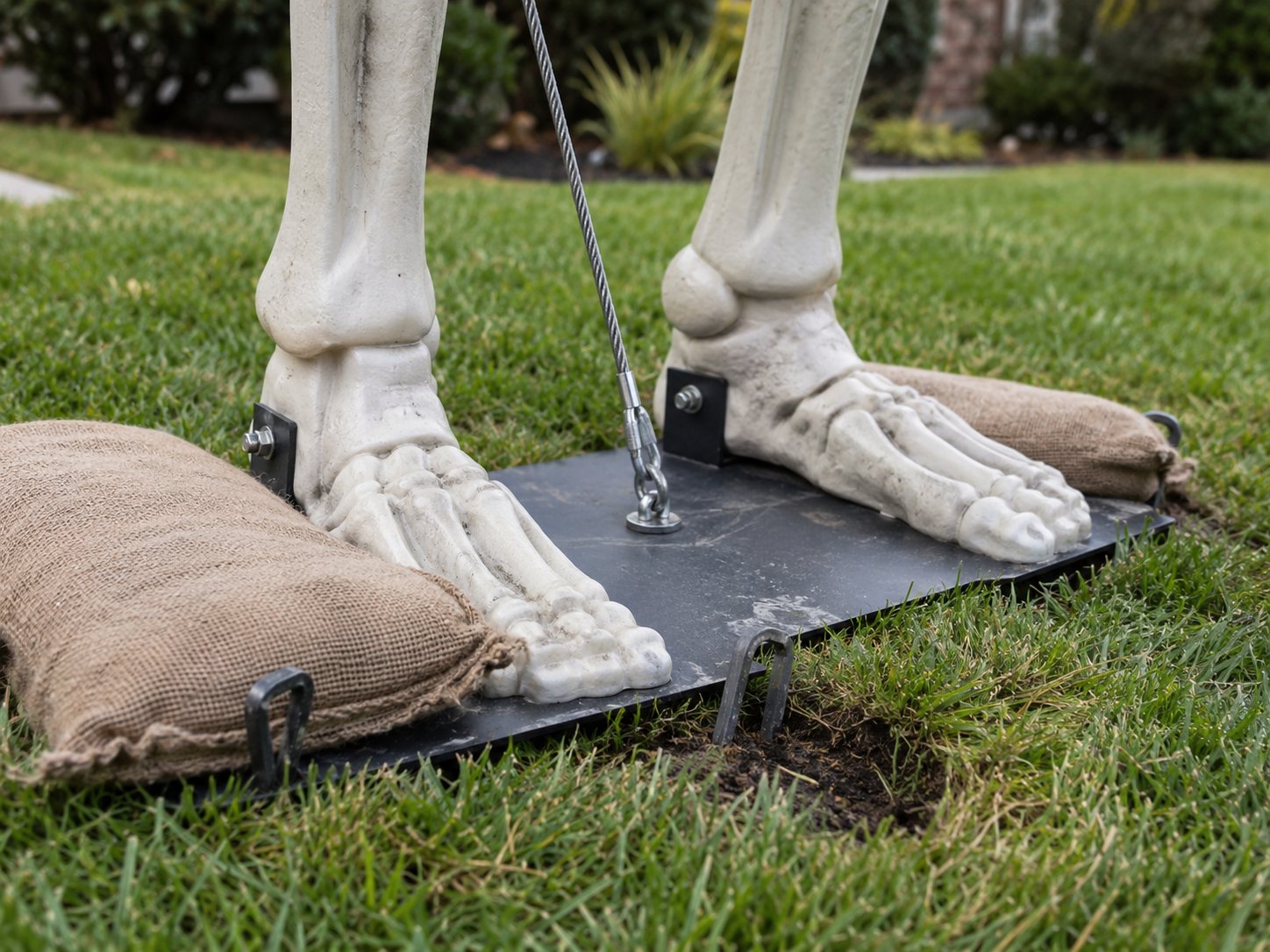 Illustration: Base of a giant yard skeleton on a level lawn with its large bony feet on a dark metal base plate, steel ground stakes, a taut tether cable and two sandbags