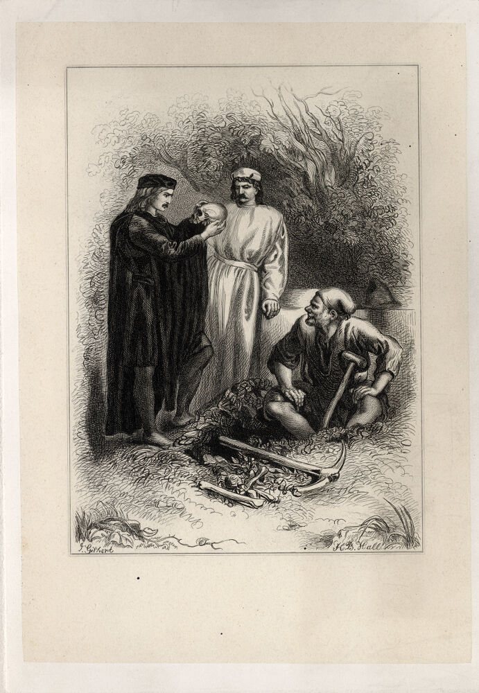An engraving of Hamlet raising a skull to his face, Horatio in a pale robe standing by a tomb, and a gravedigger sitting at the edge of the grave beside a pick and scattered bones