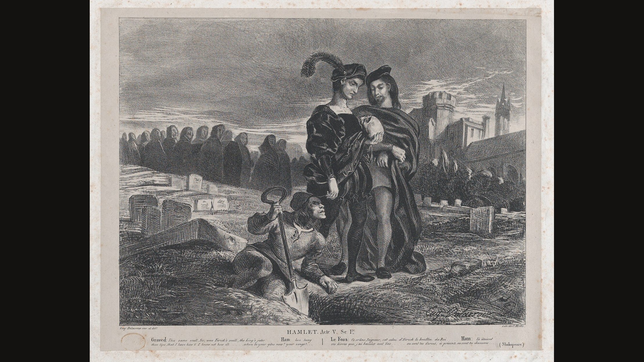 A lithograph of Hamlet in a feathered cap cradling a skull beside Horatio, while a gravedigger leaning out of the open grave with a spade looks up at them and hooded mourners file past in the background
