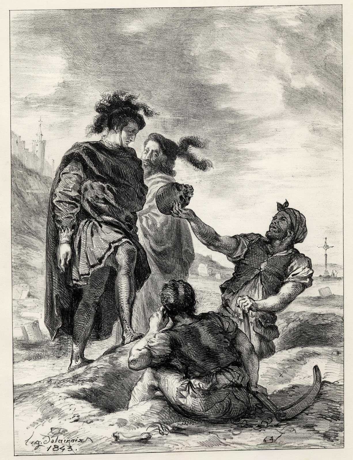 A lithograph of Hamlet and Horatio at the edge of a grave as one gravedigger holds up a skull and another sits on the ground beside him