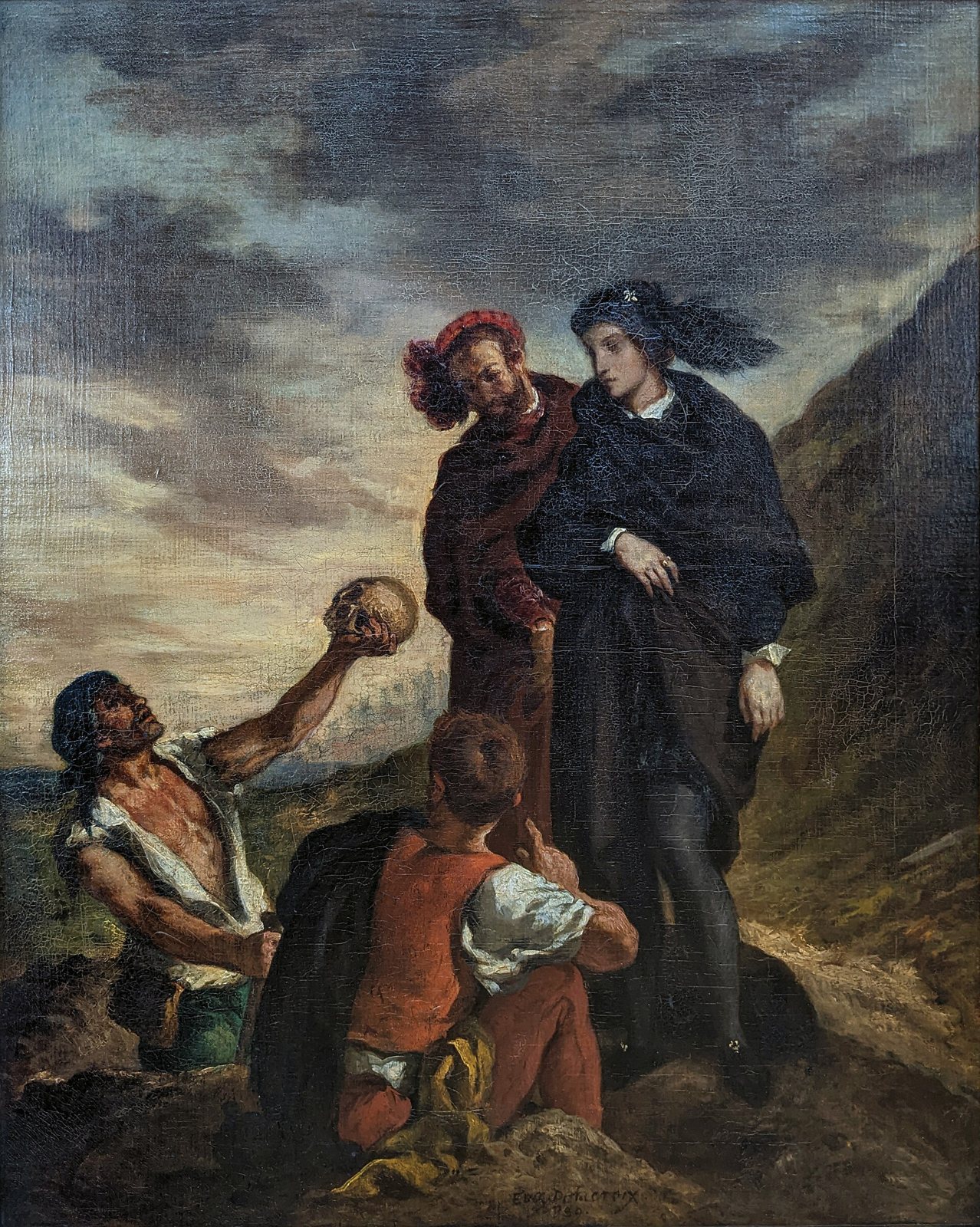 A painting of Hamlet in black and Horatio in red standing on a rocky slope while a gravedigger below holds up a skull toward them and a second figure sits in the foreground