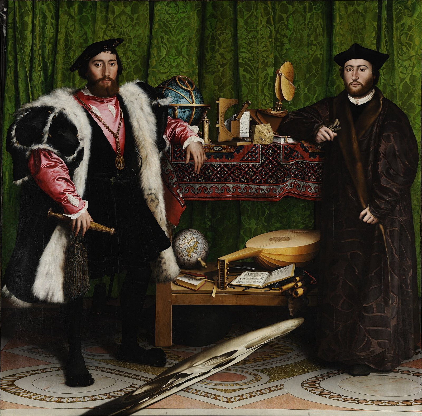 Holbein's painting of two richly dressed men standing either side of a shelf of instruments and books, with a long, distorted shape slanting across the floor at their feet