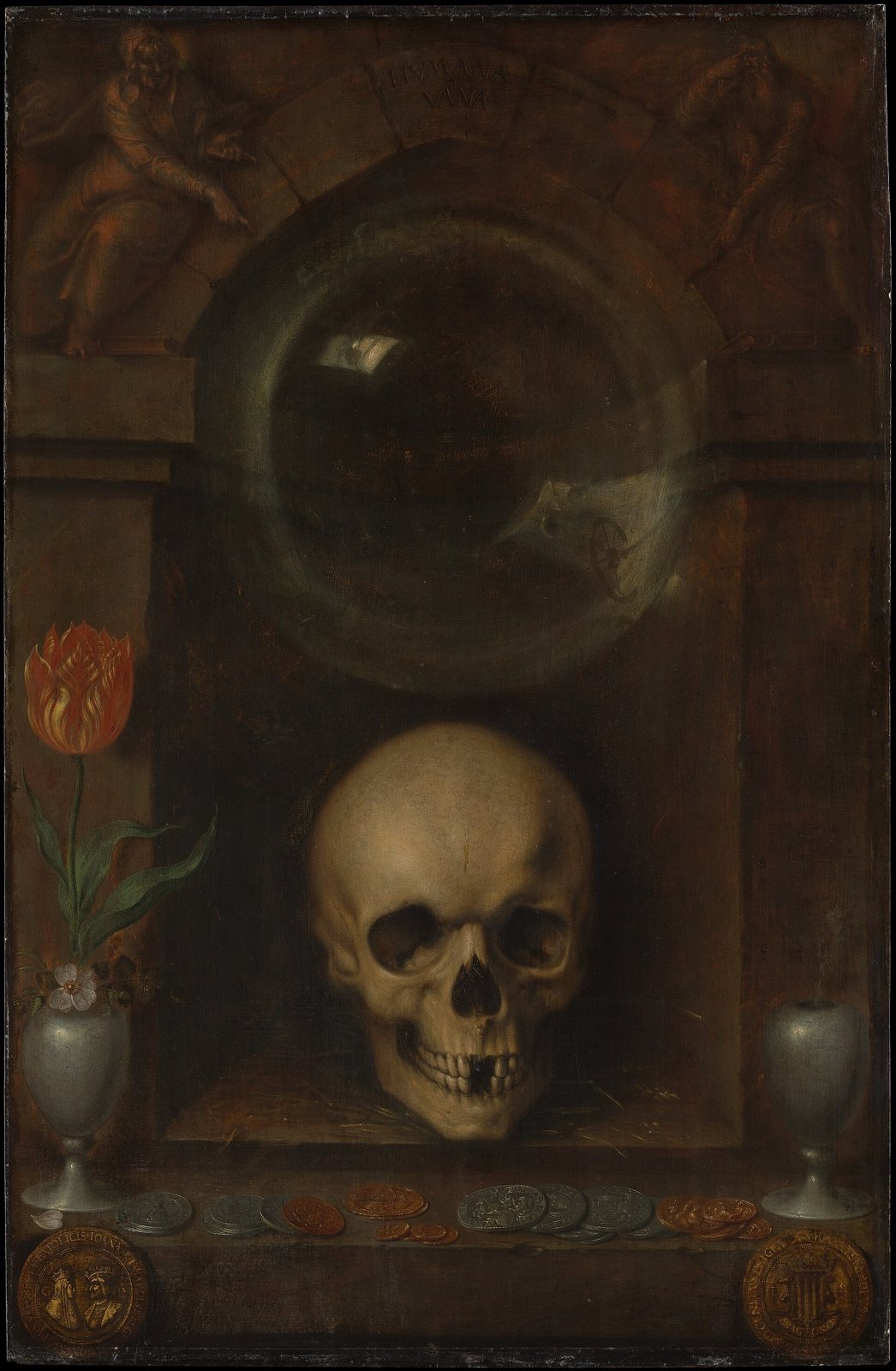 Painting of a skull in a stone niche beneath a large bubble, with a tulip in a vase at left and coins along the ledge
