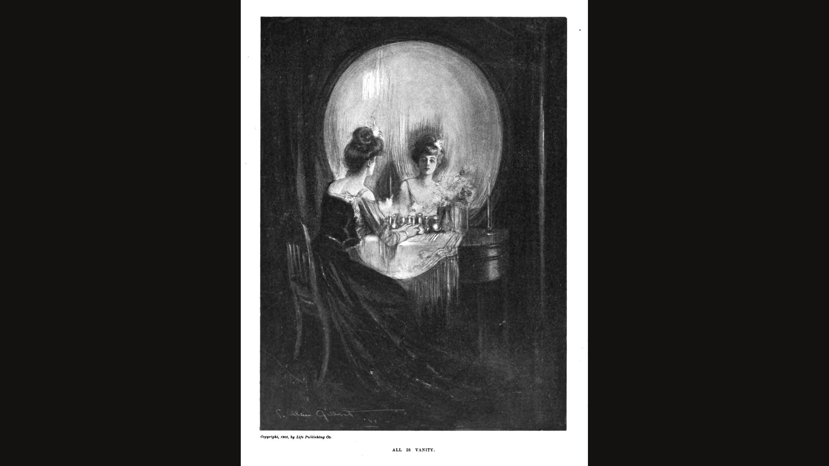 Black-and-white drawing on a magazine page: a woman seated at a dressing table in front of a large oval mirror, which together form the shape of a human skull
