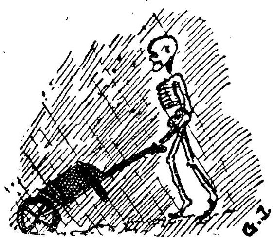 Black ink drawing of a tall thin skeleton walking and pushing a wheelbarrow