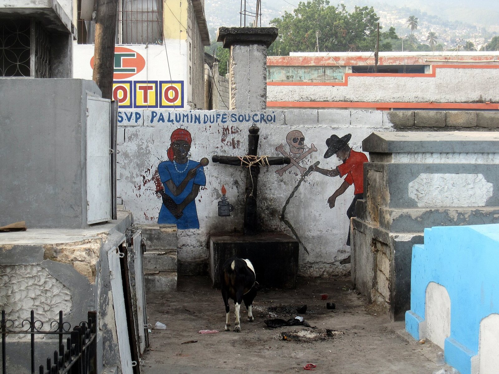 A Vodou shrine among tombs: a black cross on a stone base in front of a wall painted with figures, a skull and crossbones and Haitian Creole writing, with a goat standing in front