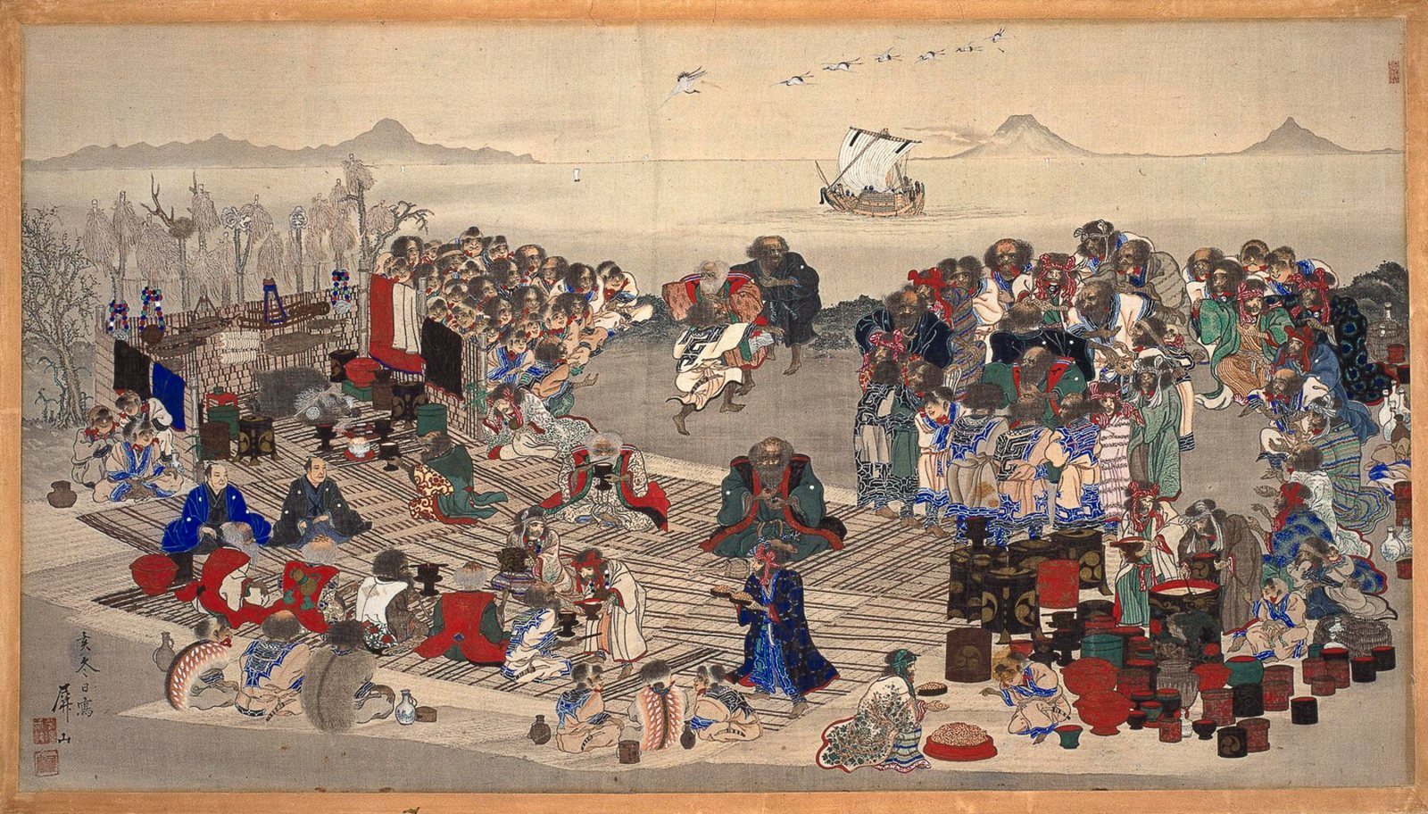 A painting on linen of a crowd of people in robes gathered on a wooden platform beside the sea, with lacquer vessels, a sailing ship and snowy mountains in the distance