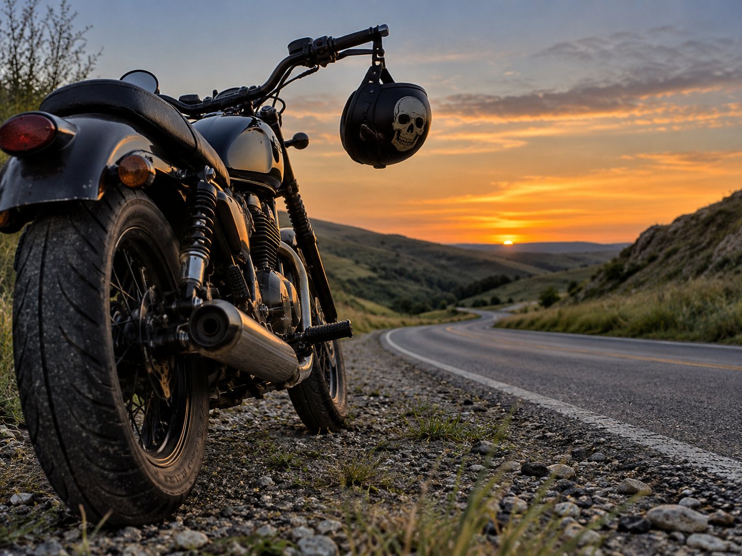 Illustration: Motorcycle parked on the gravel shoulder of an empty two lane country road at dusk with a skull decal helmet hanging from the handlebar