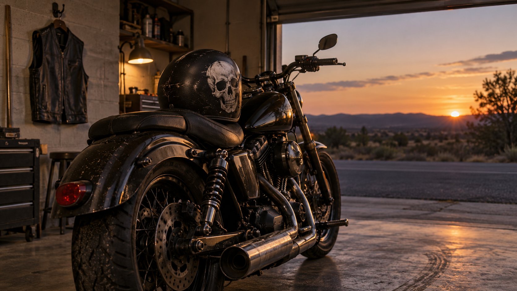 Illustration: Black motorcycle parked by an open garage door at dusk with a skull decal helmet on the seat and a leather vest hanging on a wall hook