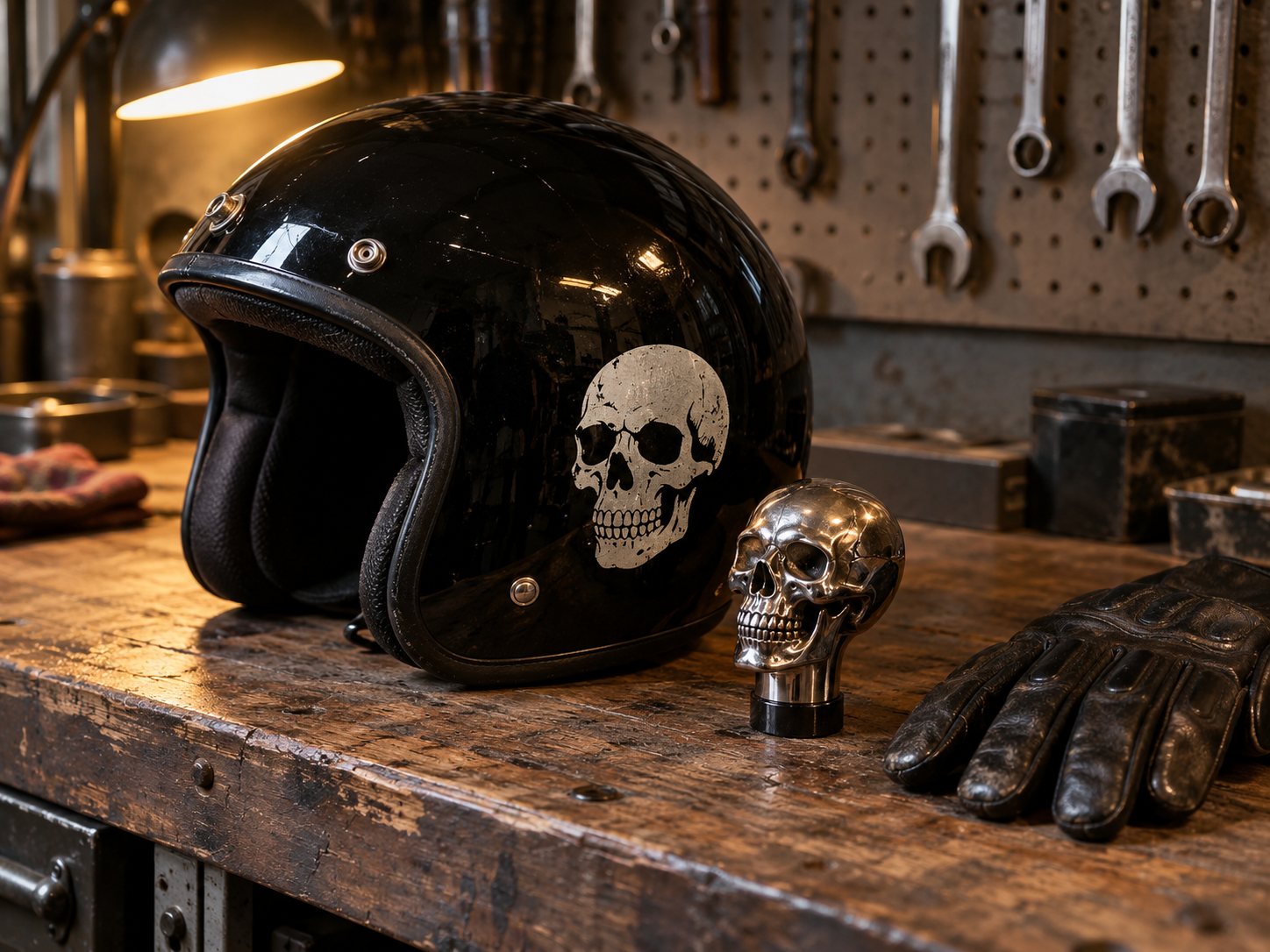 Illustration: Black open face motorcycle helmet with a skull decal on a workbench beside a polished metal skull shaped shifter knob and a pair of riding gloves
