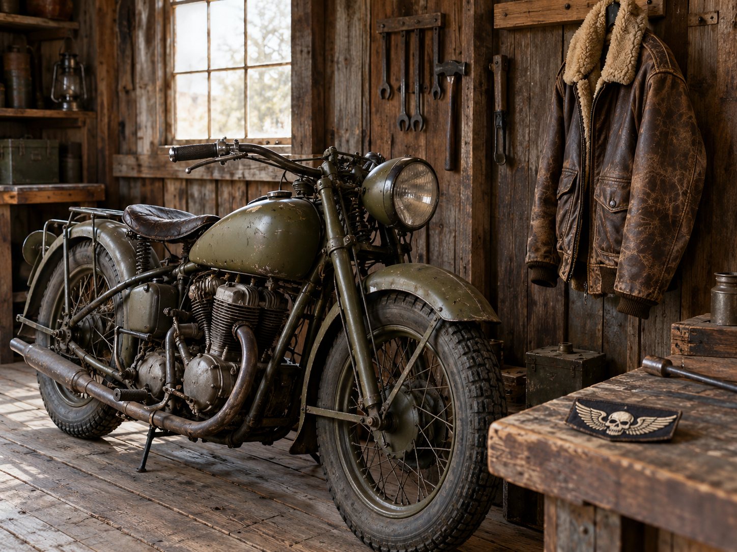 Illustration: Olive drab vintage motorcycle in an old wooden garage with a worn brown leather flight jacket on a peg and a small winged skull patch on the workbench