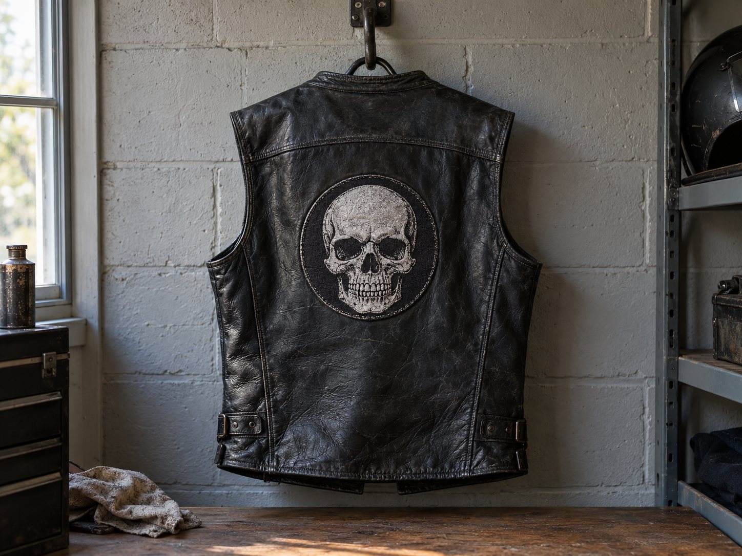 Illustration: Back of a black leather motorcycle vest hanging on a garage wall hook with one embroidered skull patch in the center and plain leather above and below