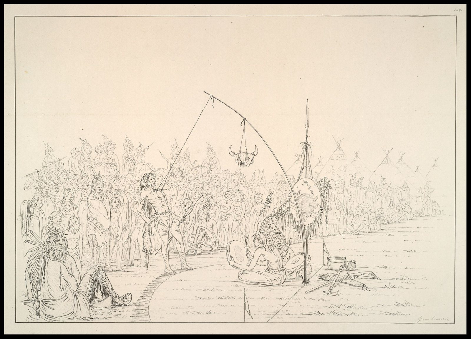 Pencil sketch of a crowd gathered in a large circle around a tall pole with a buffalo skull hanging from a crossbeam, with tipis along the horizon