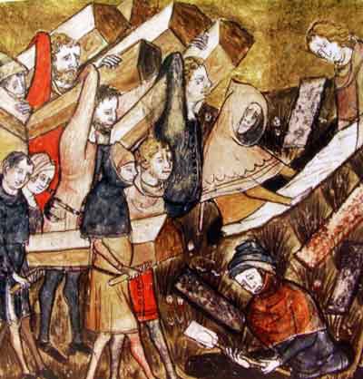 A medieval miniature of townspeople in red and dark clothes lifting and carrying plain wooden coffins during the plague at Tournai