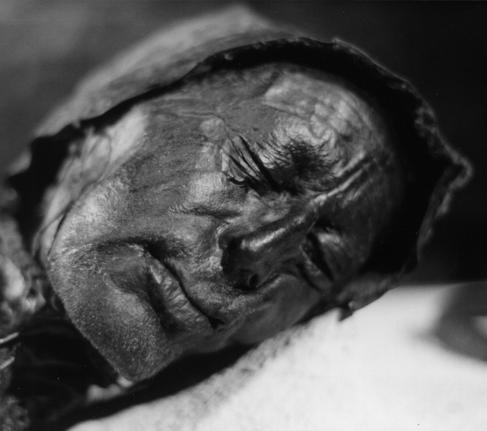 Black and white photograph of the preserved head of Tollund Man lying on its side, with closed eyes, a lined brow and a leather cap drawn over the head