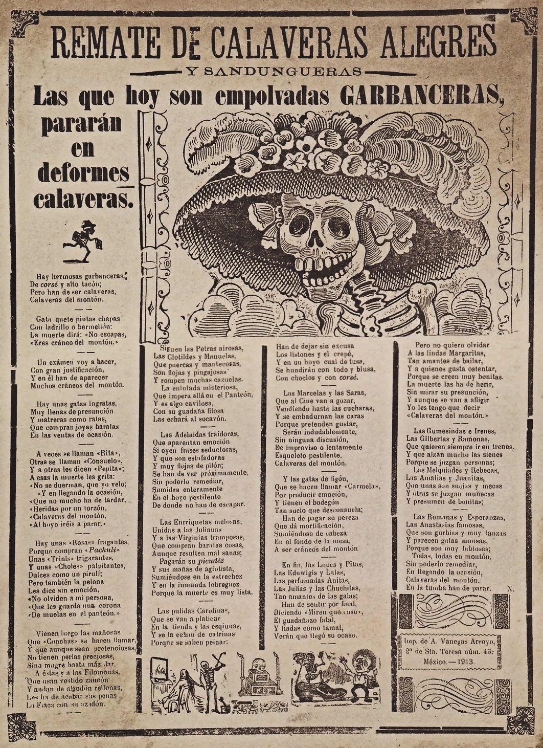 Hoja suelta titulada Remate de calaveras alegres y sandungueras, con un esqueleto de sombrero ancho y plumas sobre columnas de versos