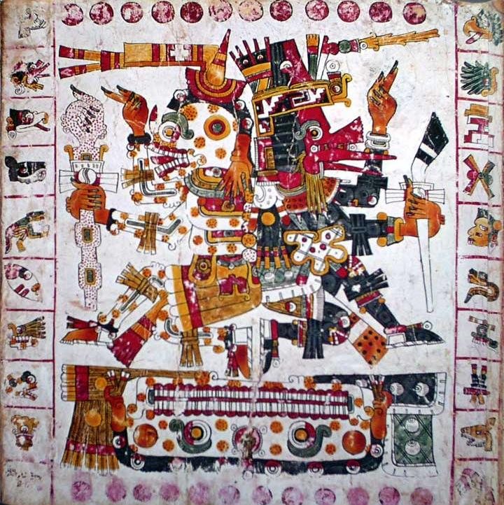 A colourful page of an Mesoamerican manuscript showing the death god in red, black and yellow with a border of small glyphs