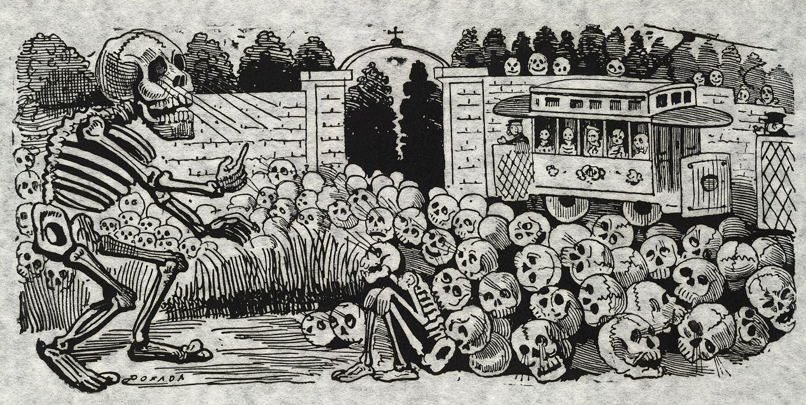 Gran Calavera Eléctrica: a large skeleton gestures before a heap of skulls beside a cemetery wall while an electric streetcar passes