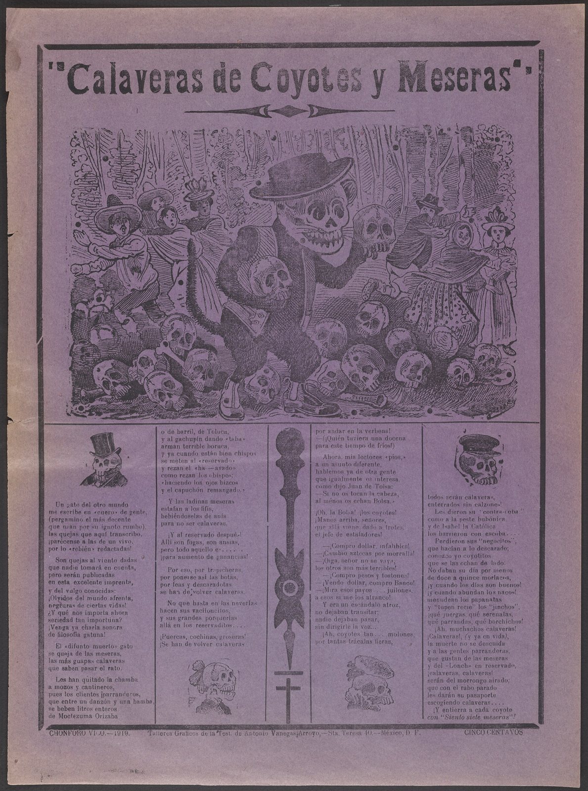 Purple broadside titled Calaveras de coyotes y meseras, with a skeleton in a top hat among a crowd of skulls and four columns of verse