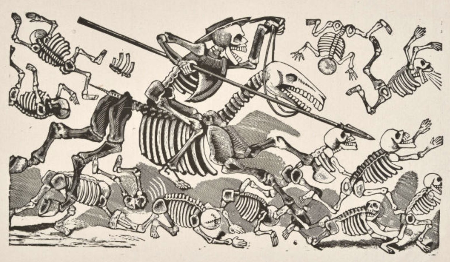 Calavera de Don Quixote: a skeleton knight on a skeleton horse charges with a lance as skeletons scatter around him