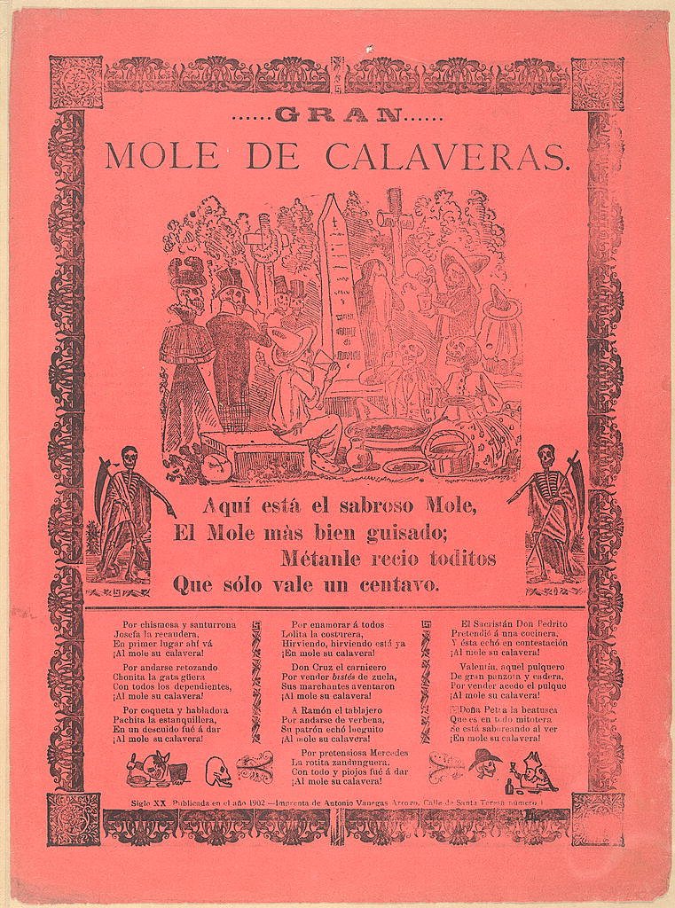 Red broadside headed Gran mole de calaveras, with a framed scene of skeletons and three columns of verse below