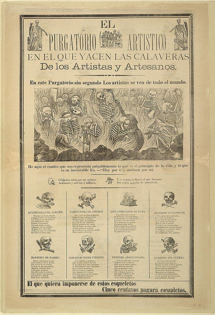 Broadside titled El purgatorio artístico, with a scene of skeletons among flames and a grid of small skulls labeled with trades and verses