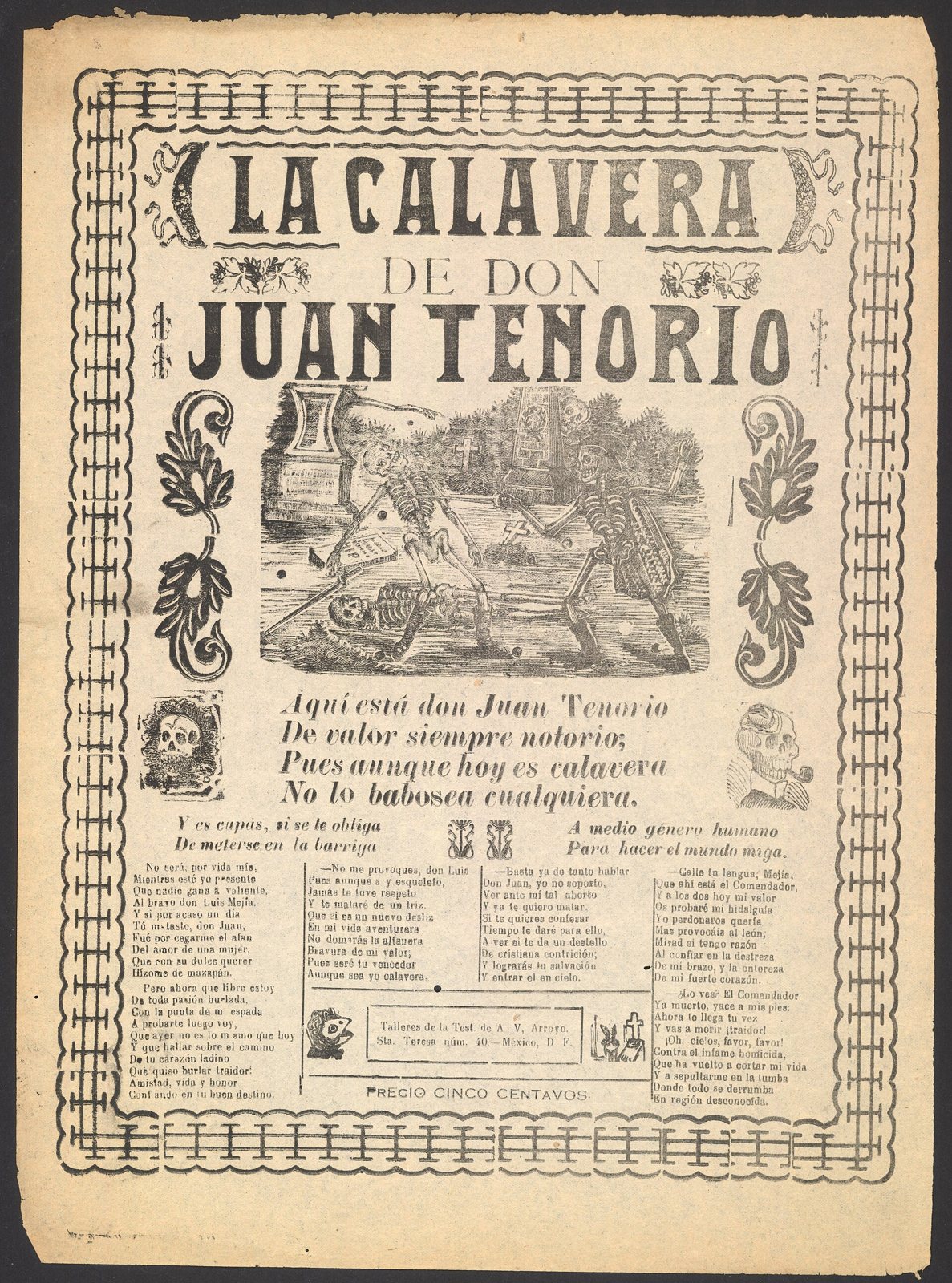 Broadside titled La calavera de Don Juan Tenorio, with two skeletons dueling and columns of verse below