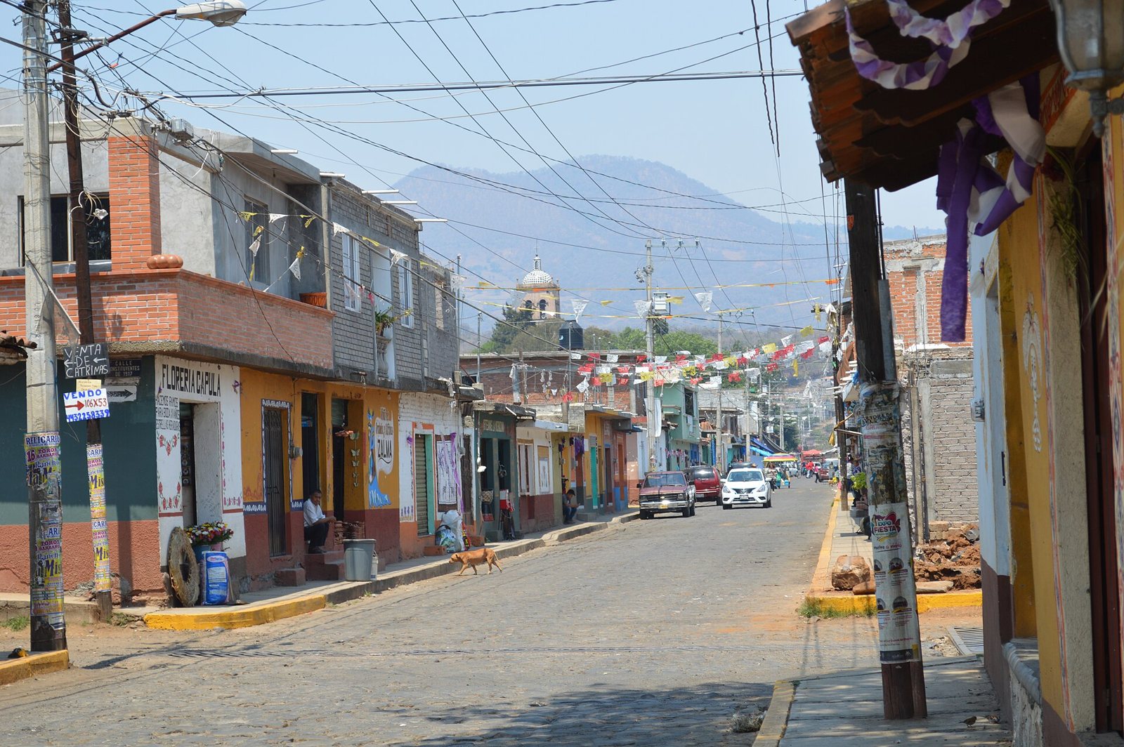 Vasco de Quiroga Street in Capula, a paved street lined with low shops and houses, strung with paper flags, with hills in the distance
