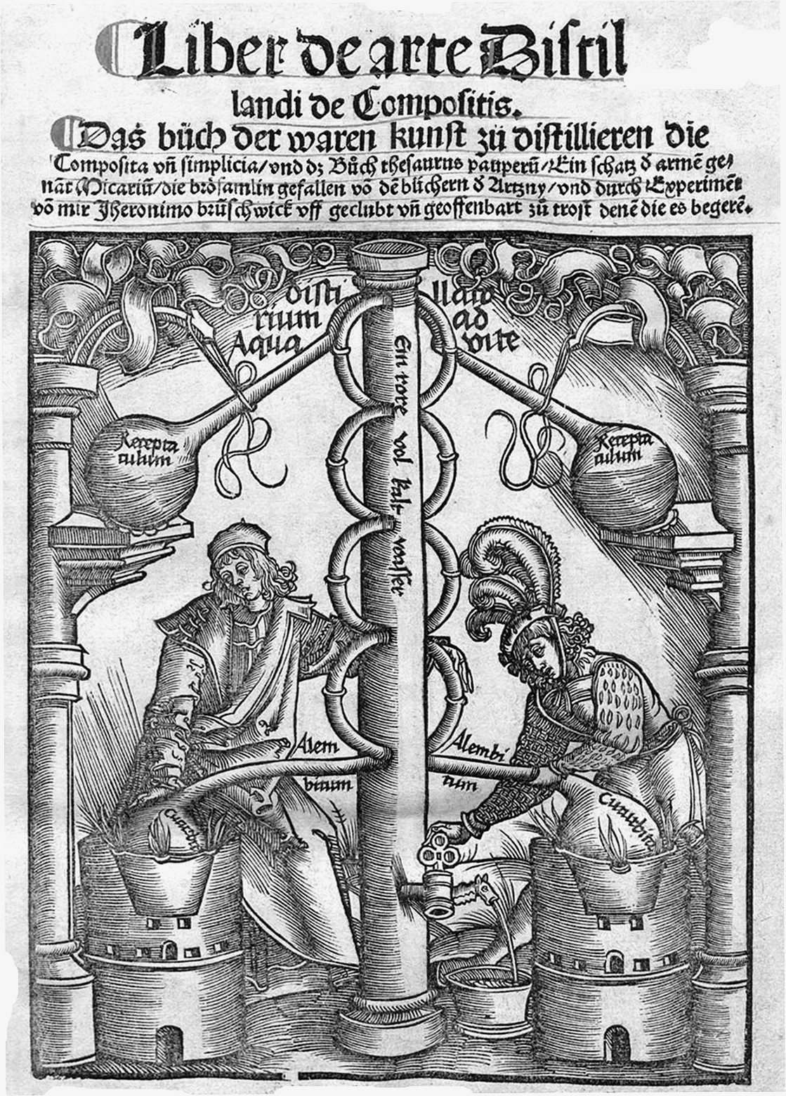 Woodcut title page of a printed book on distillation, with the title in German and Latin above a framed picture of two men tending furnaces, flasks and a tall distilling column