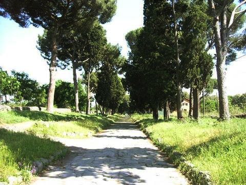 La Vía Apia cerca de Roma: un antiguo camino empedrado de piedras desgastadas entre franjas de césped verde y altos pinos piñoneros bajo un cielo luminoso