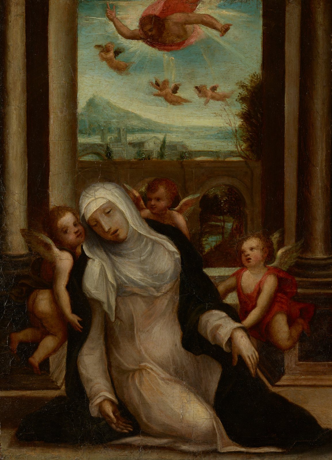 Il Sodoma's painting of Saint Catherine of Siena in a white veil and dark cloak, sinking back with her eyes closed while three small winged angels hold her up, with a landscape and a floating figure behind