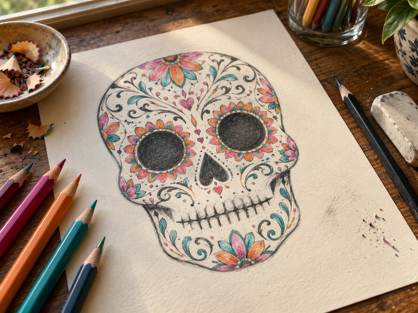 Illustration: Pencil and colored pencil sketch of a decorative Catrina skull face design with round eye sockets, a heart shaped nose, a stitched mouth line, petal shapes, dots and filigree