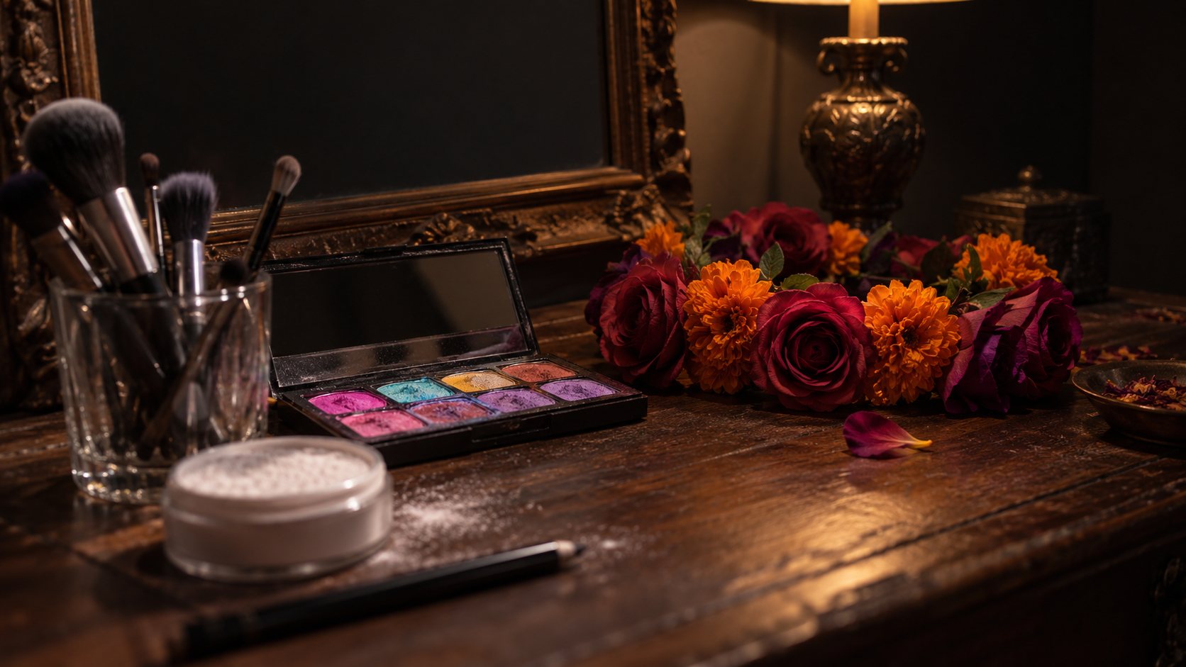 Illustration: Wooden makeup table set for Catrina makeup with white face paint, black liner, brushes in a glass, a palette of bright colors and a crown of silk roses and marigolds by lamplight