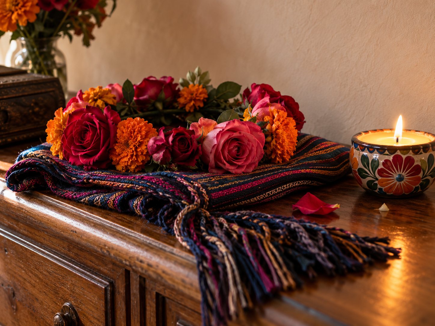Illustration: Crown of silk roses and orange marigolds resting on a folded striped rebozo beside a small clay catrina figurine and a lit candle on a wooden dresser