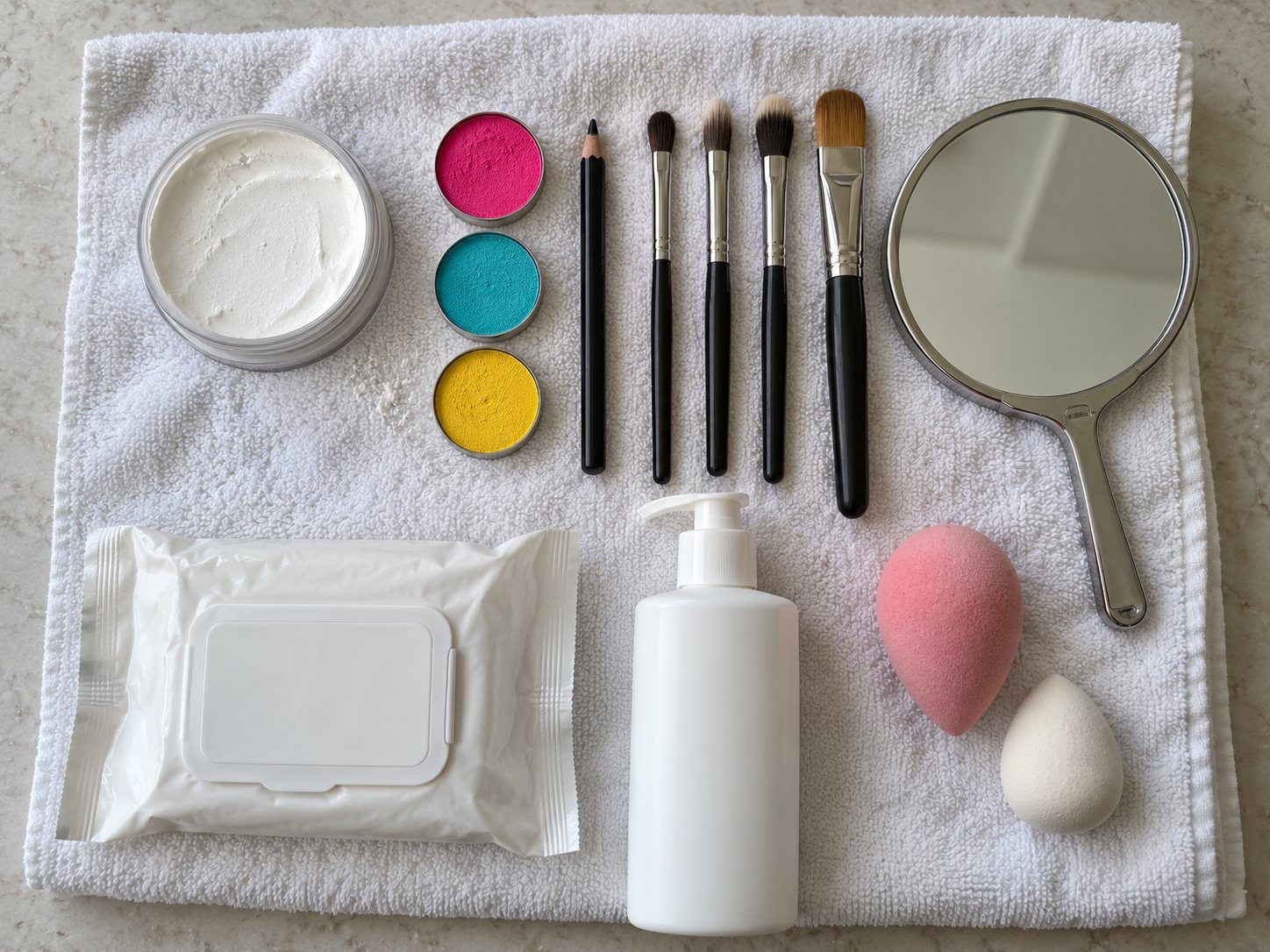 Illustration: Flat lay of a Catrina makeup kit on a white towel with white and black face makeup, three bright colors, round and flat brushes, sponges, a hand mirror, wipes and a cleanser bottle