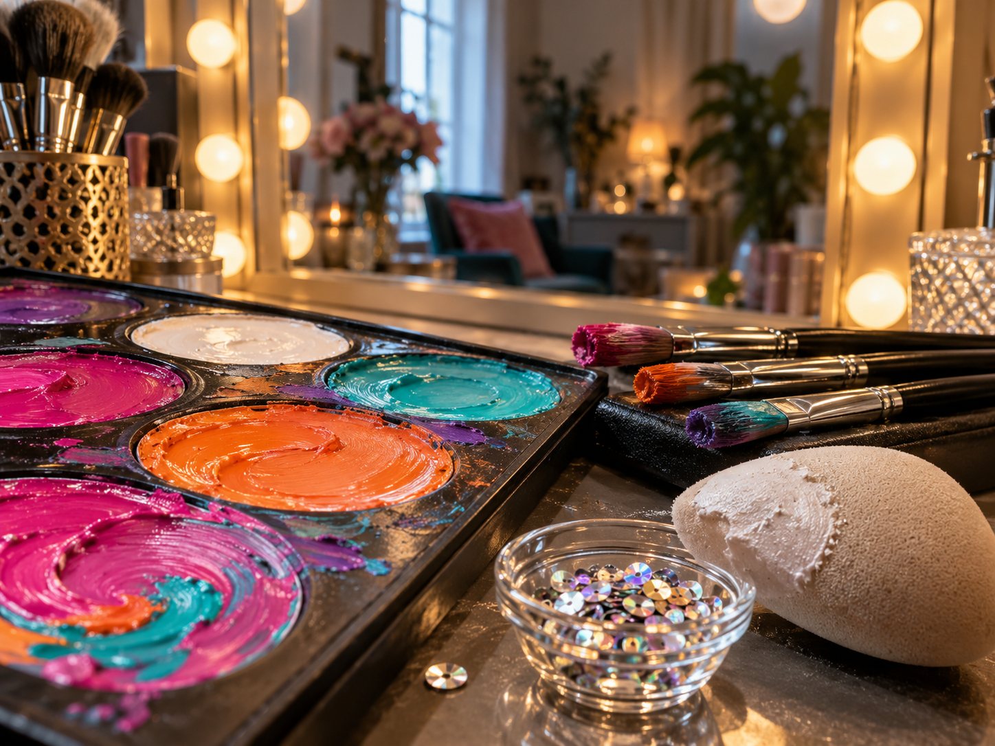 Illustration: Makeup palette with bright petal colors partly mixed, small round brushes with fresh color on their tips, a sponge with white base and a dish of sequins beside a lit vanity mirror