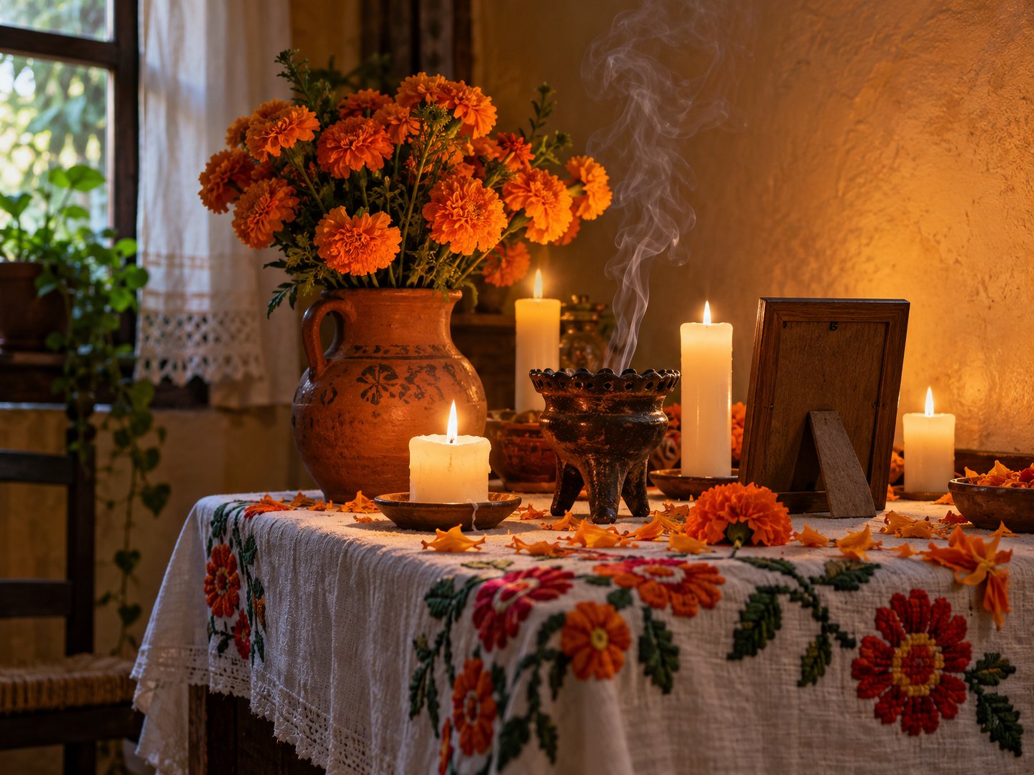 Illustration: Family altar corner with an embroidered white cloth, marigolds, candles, a clay censer and a small photo frame turned so only its back shows