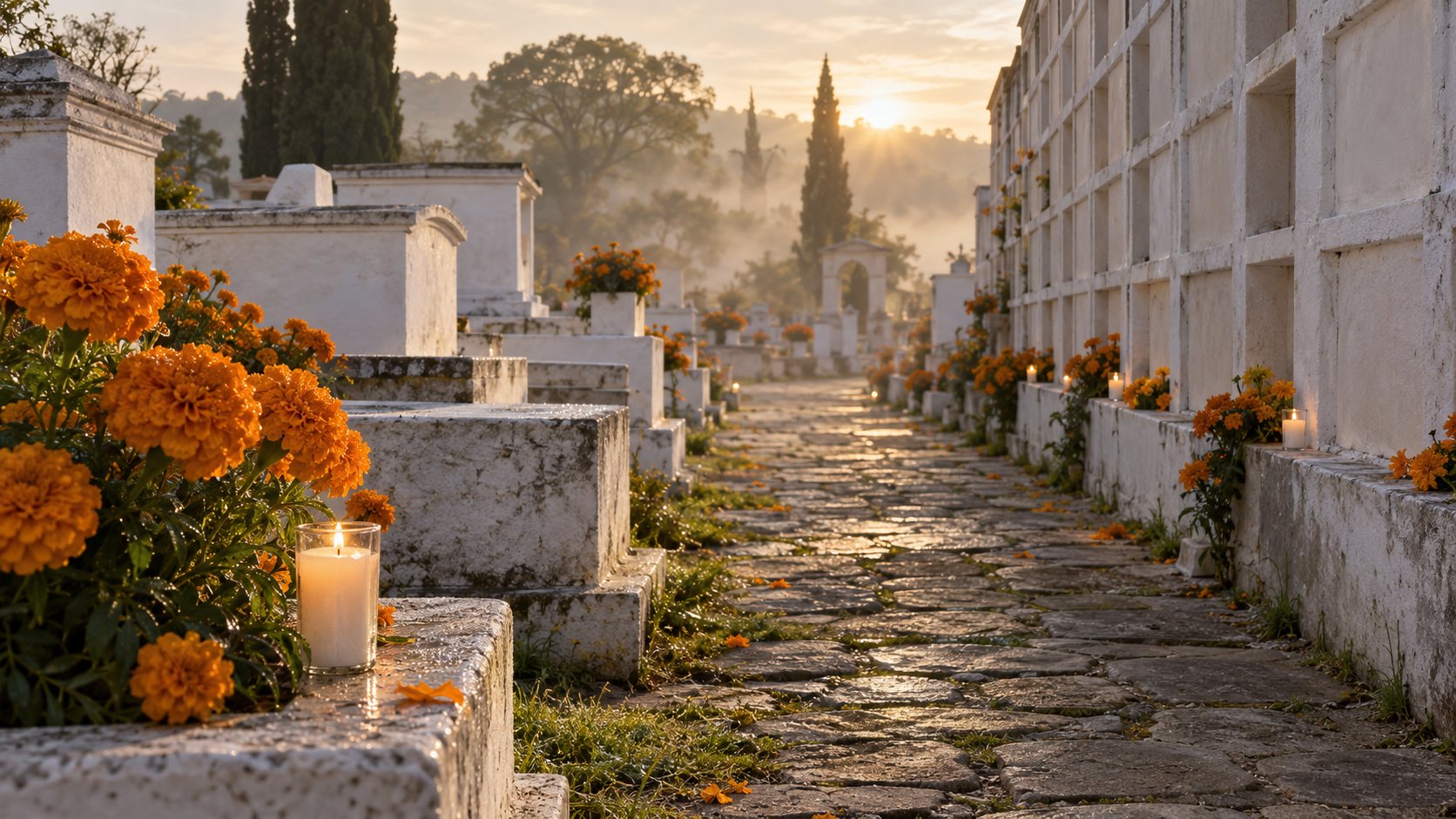 Illustration: Quiet cemetery path in early morning mist between whitewashed family tombs and tall wall niches, with orange marigolds and candles along the way