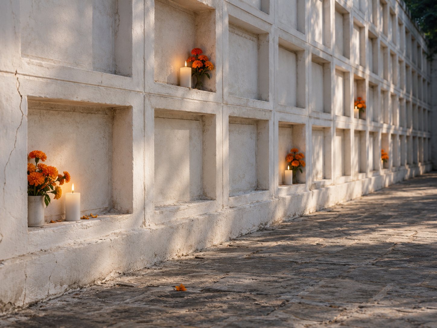Illustration: Long whitewashed cemetery wall of stacked nichos with small bunches of marigolds and lit candles in several niches and blank stone plaques