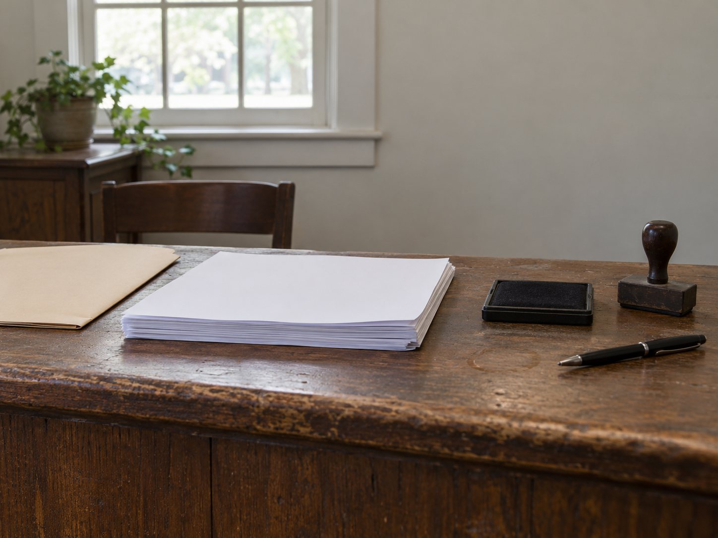 Illustration: Municipal cemetery office counter with a stack of blank forms, a plain folder, a rubber stamp with an ink pad and a pen beside a sunlit window