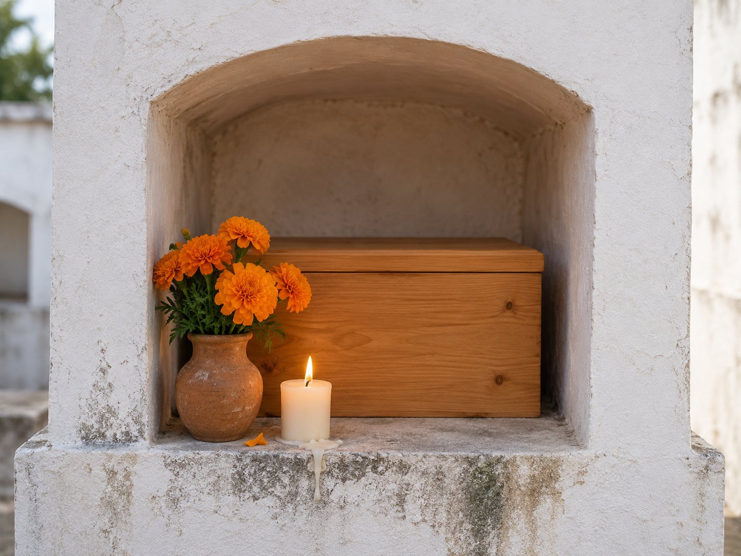 Illustration: Small niche in a whitewashed wall holding a closed plain wooden box, with a small vase of marigolds and a single candle in front