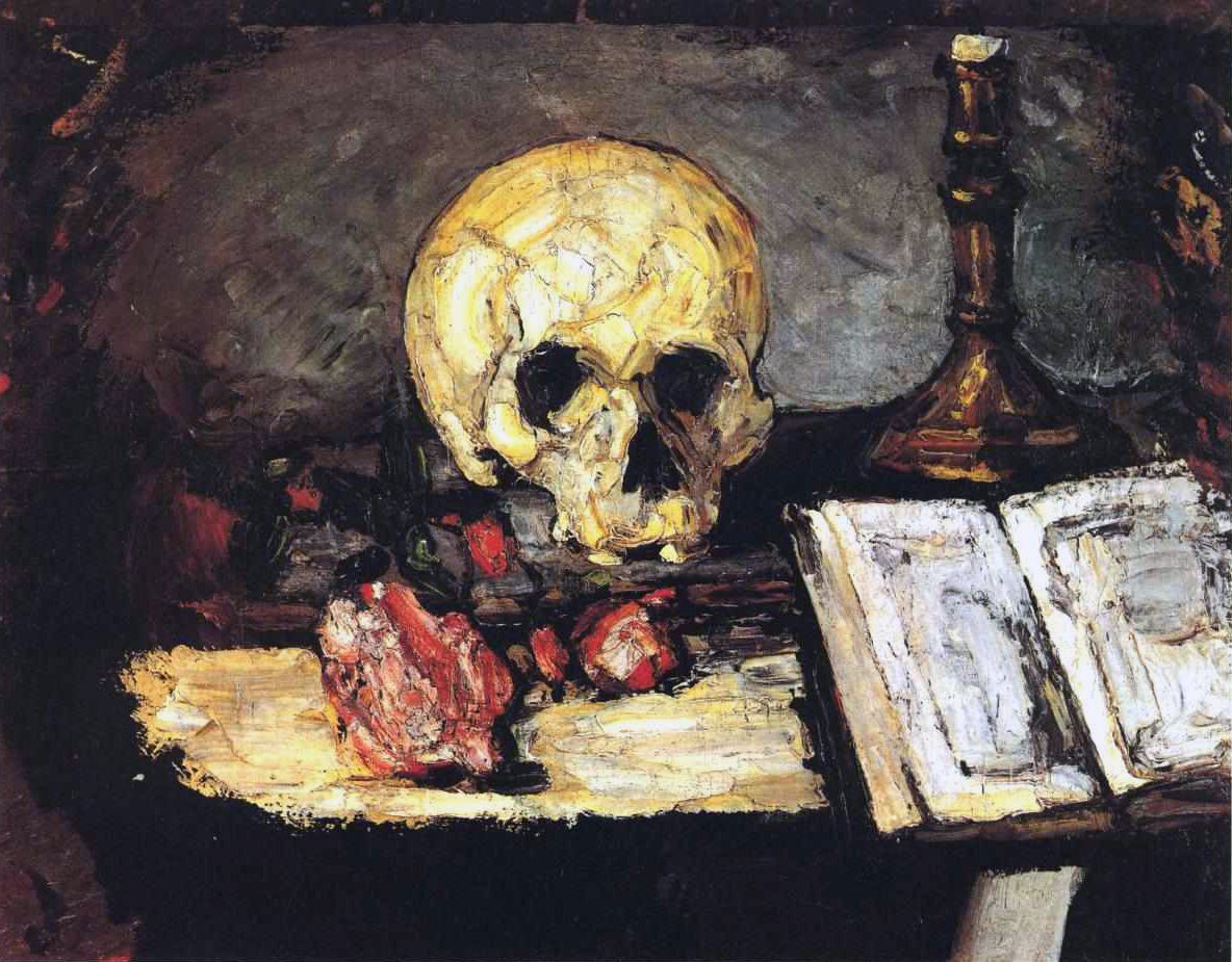 Cézanne's early still life: a yellow skull on a dark table beside a brass candlestick, an open book and a pinkish red cluster of flowers