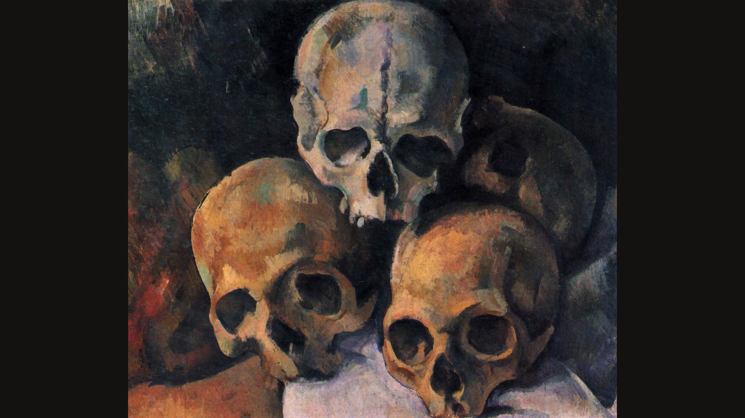 Cézanne's Pyramid of Skulls: four skulls piled in a pyramid, three below and one on top, in yellows, ochres and grays against a dark ground, with a white cloth beneath them